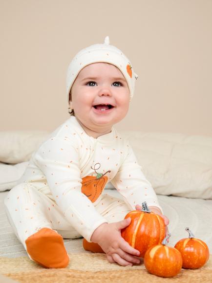 JoJo Maman Bébé Baby Cotton Pumpkin Sleepsuit and Hat Set, Cream - view 2, Cream