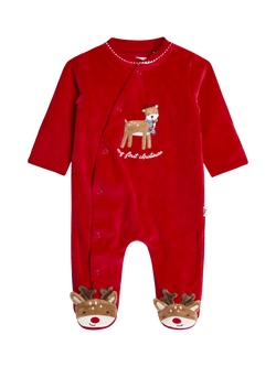 JoJo Maman Bébé Baby Velour First Christmas Reindeer Sleepsuit, Red, Red