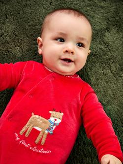 JoJo Maman Bébé Baby Velour First Christmas Reindeer Sleepsuit, Red - view 2, Red