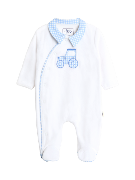 JoJo Maman Bébé Baby Tractor Velour Appliqué Footed Romper, White, White