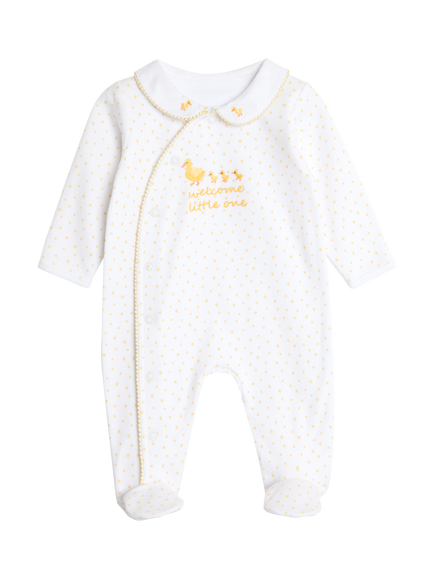 JoJo Maman Bébé Baby Cotton Welcome Duck Embroidery Sleepsuit, White, White