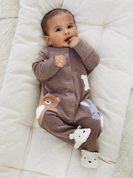 JoJo Maman Bébé Baby Cotton Woodland Sleepsuit, Brown - view 2, Brown