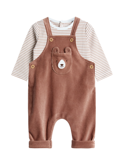 JoJo Maman Bébé Baby Cotton Blend Bear Dungaree Set,, Brown, Brown