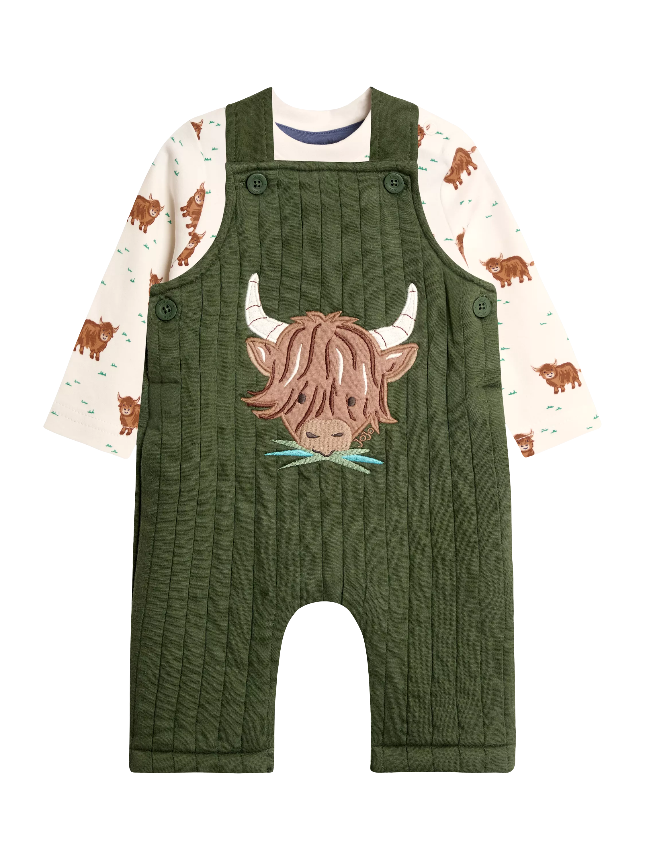 JoJo Maman Bébé Baby Cotton Cow Dungaree Set, Khaki