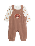 JoJo Maman Bébé Baby Cotton Highland Cow Dungaree Set, Brown