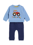 JoJo Maman Bébé Kids' Cotton Tractor Sweatshirt and Joggers Set, Blue
