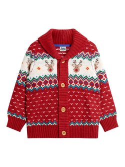 JoJo Maman Bébé Kids' Reindeer Fairisle Jumper, Red, Red