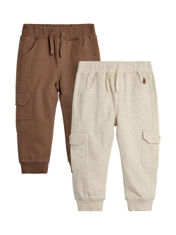 JoJo Maman Bébé Kids' Cotton Cargo Joggers, Pack of 2, Tan, Tan