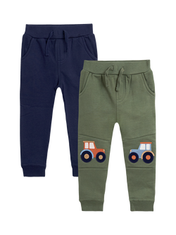 JoJo Maman Bébé Kids' Cotton Tractor Joggers, Pack of 2, Khaki, Khaki
