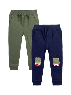 JoJo Maman Bébé Kids' Cotton T-Rex Joggers, Pack of 2, Navy, Navy