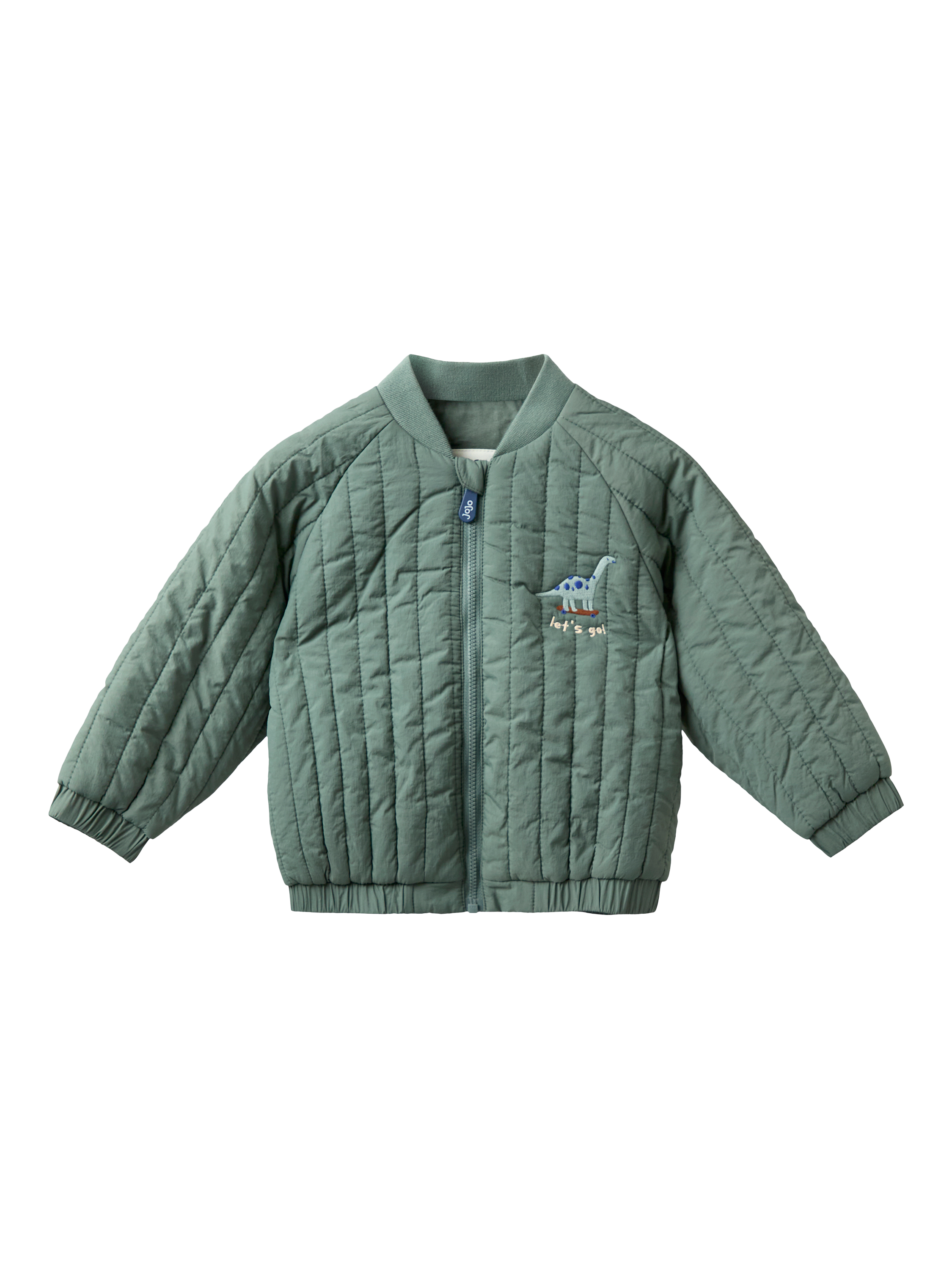 Product image 1 of 5, which shows JoJo Maman Bébé Kids' Quilted Dino Bomber Jacket, Khaki, 6-12 months