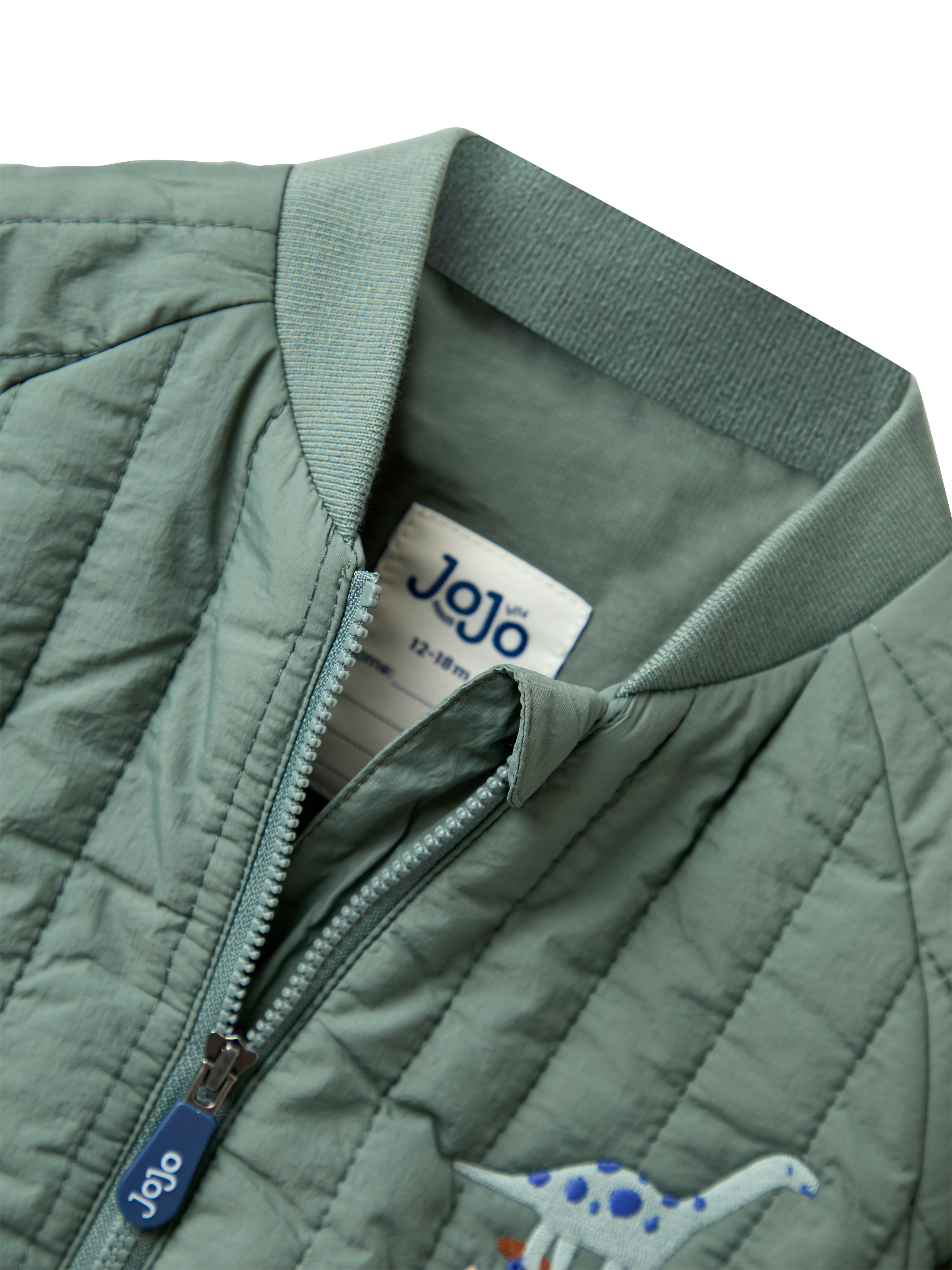 Product image 3 of 5, which shows JoJo Maman Bébé Kids' Quilted Dino Bomber Jacket, Khaki, 6-12 months