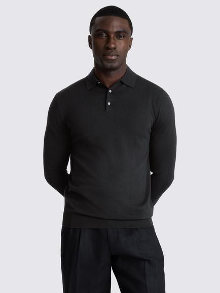 Moss Merino Wool Blend Regular Fit Long Sleeve Polo Shirt, Black