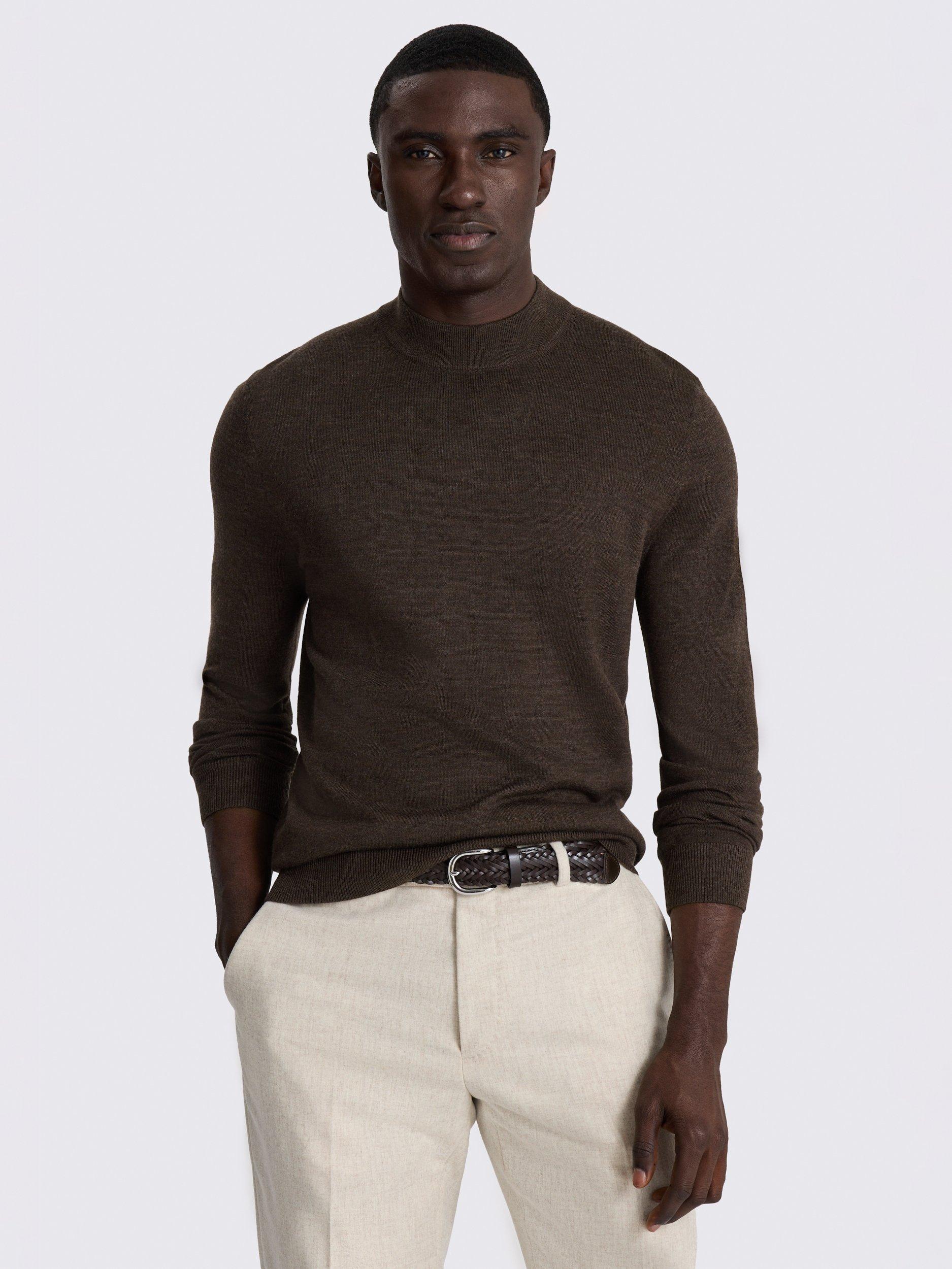 Product image 1 of 5, which shows Moss Cerise Merino Wool Blend High Neck Jumper, Brown, S