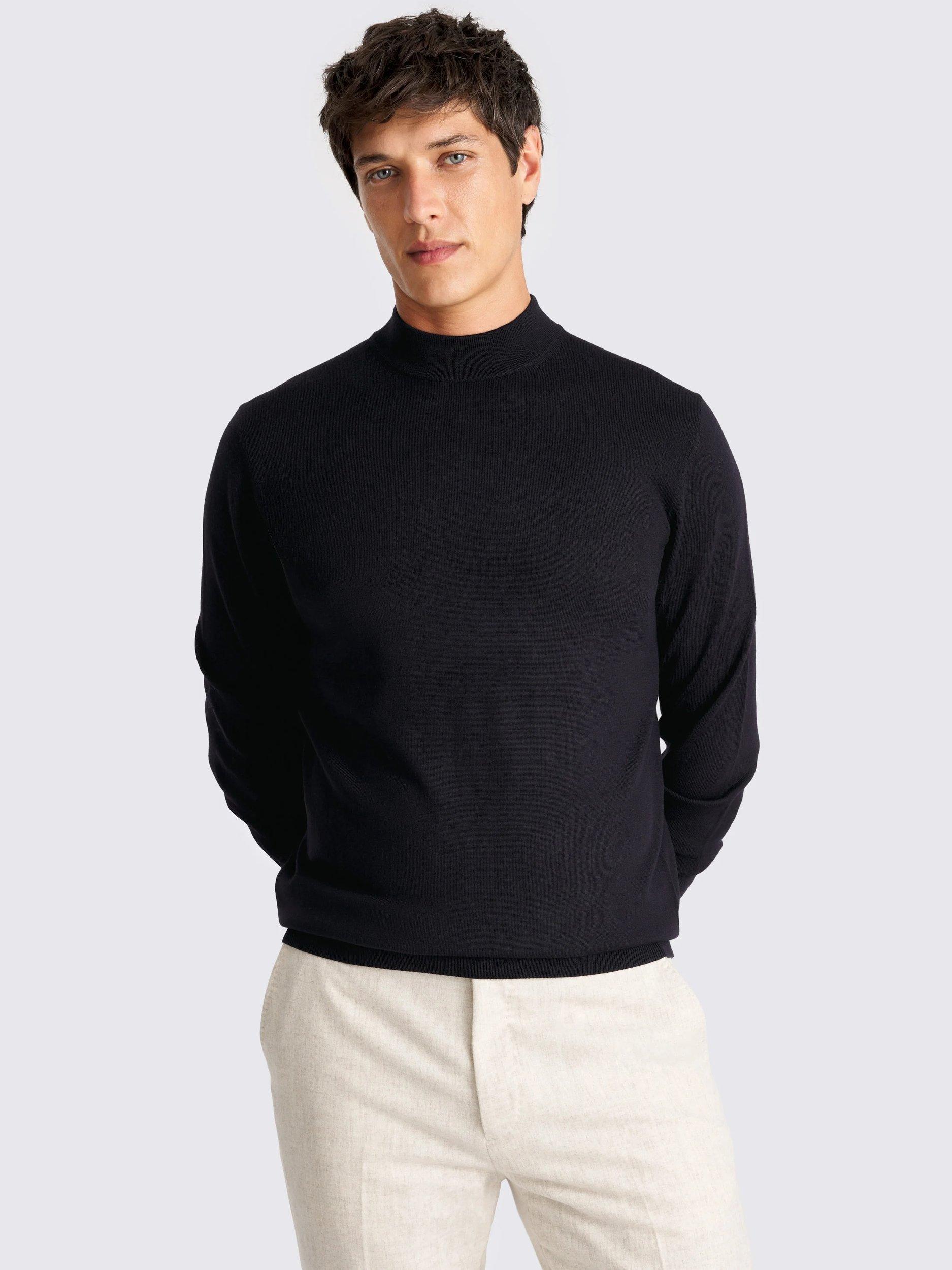 Product image 1 of 5, which shows Moss Cerise Merino Wool Blend High Neck Jumper, Navy, S