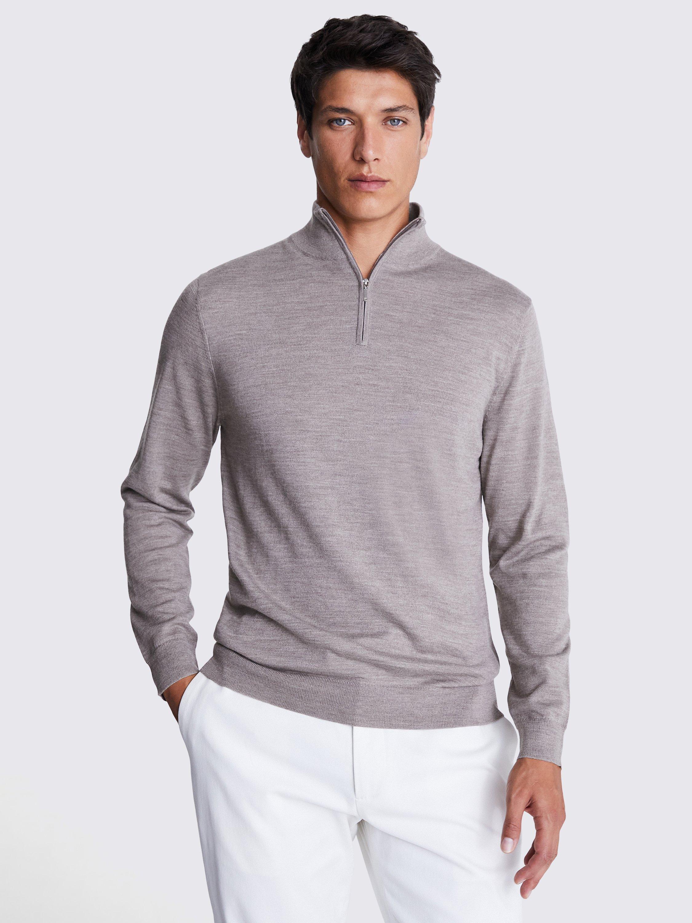 Product image 1 of 5, which shows Moss Merino Zip-Neck Jumper, Taupe, S
