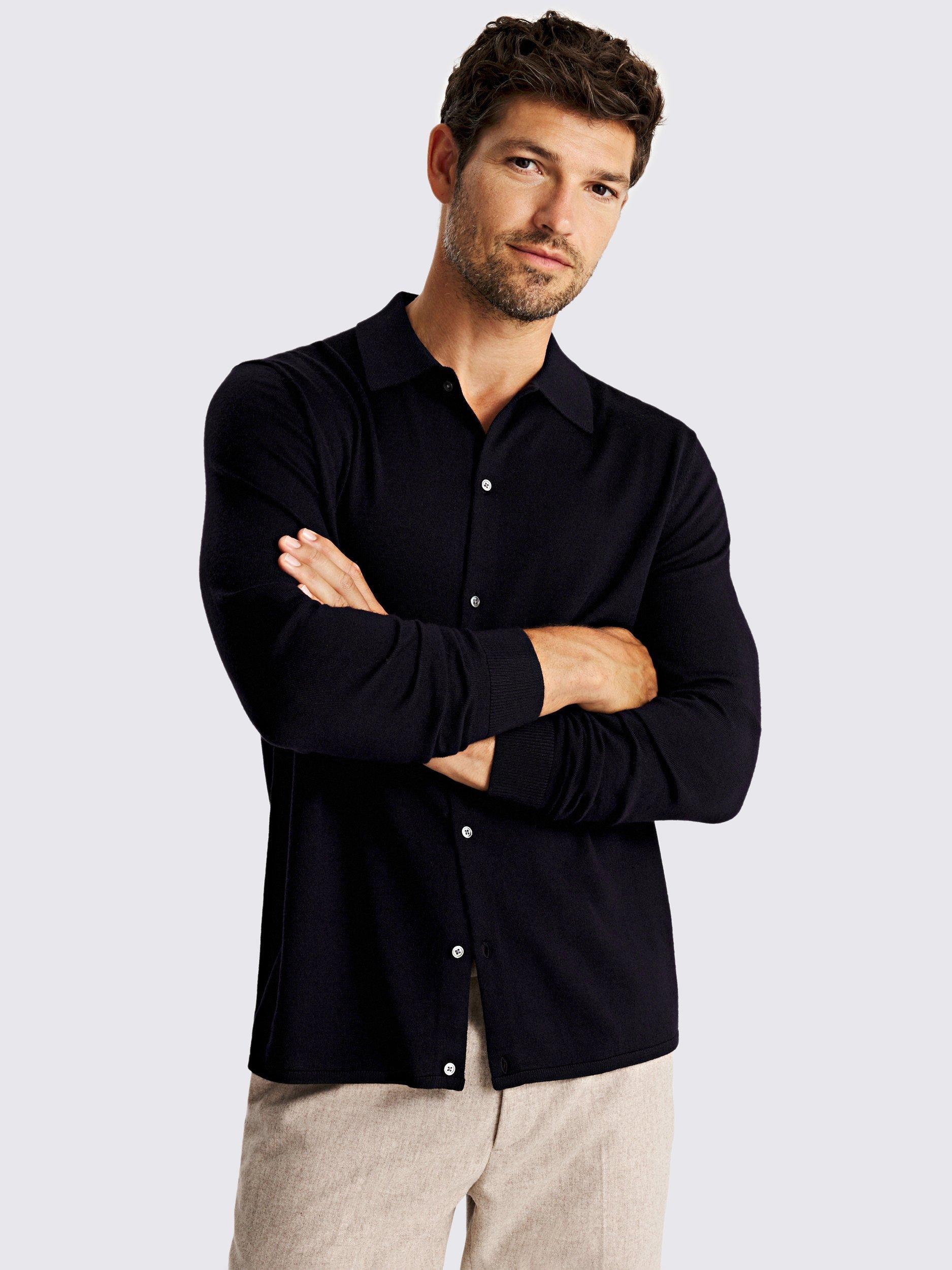 Product image 1 of 5, which shows Moss Merino Wool Blend Button-Up Shirt, Navy, S