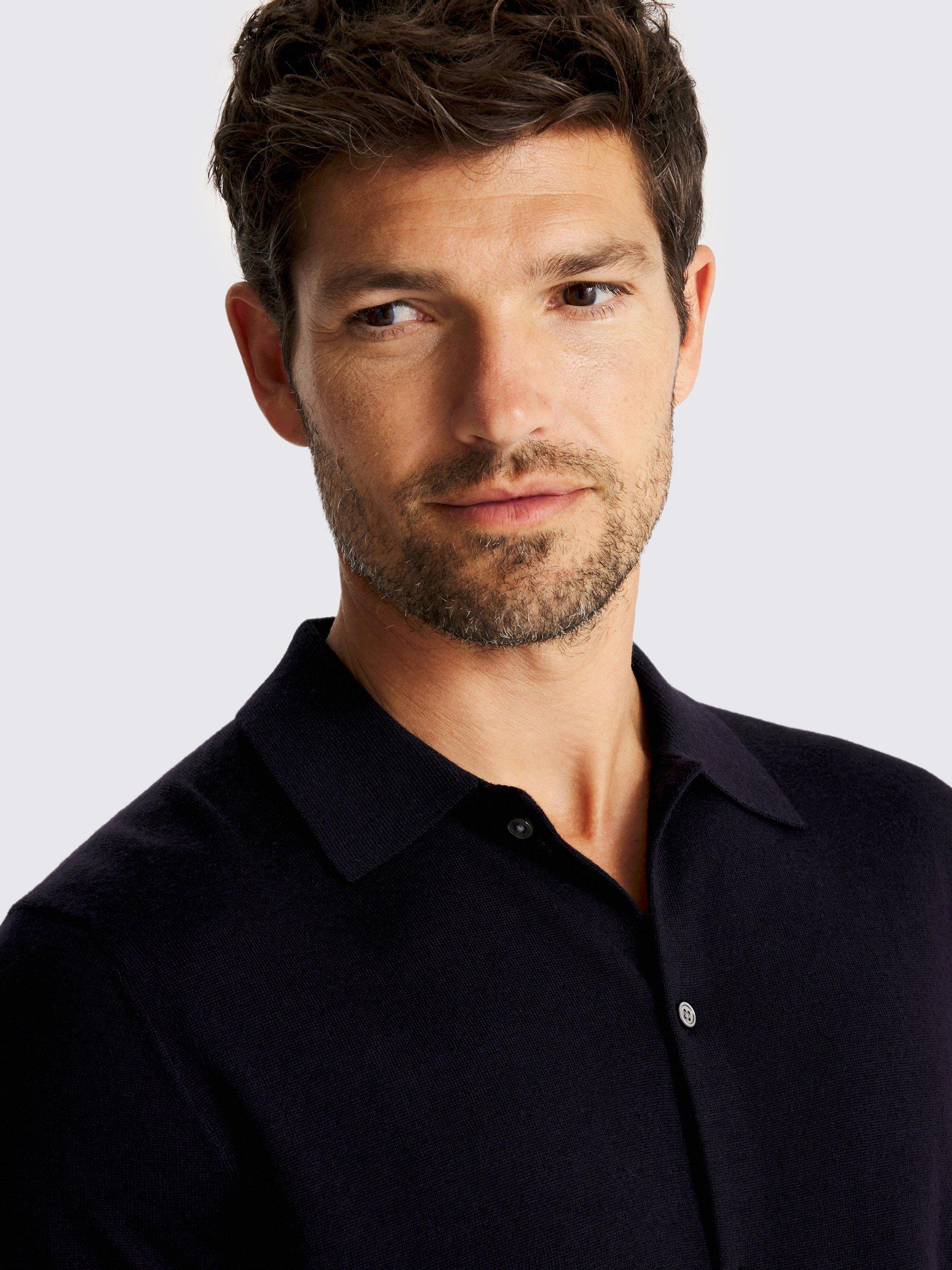 Product image 3 of 5, which shows Moss Merino Wool Blend Button-Up Shirt, Navy, S