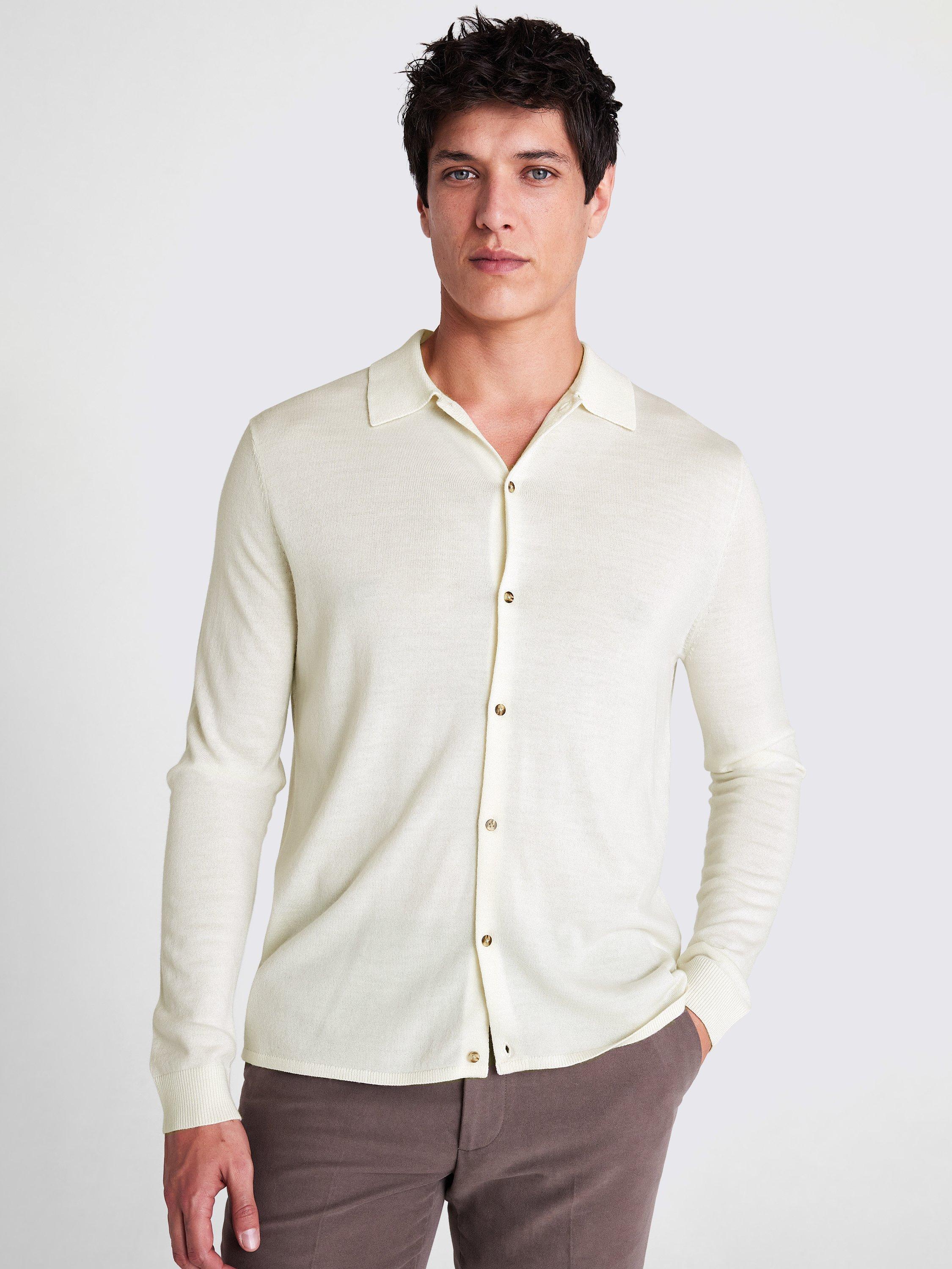 Product image 1 of 5, which shows Moss Merino Wool Blend Button-Up Shirt, Winter White, S