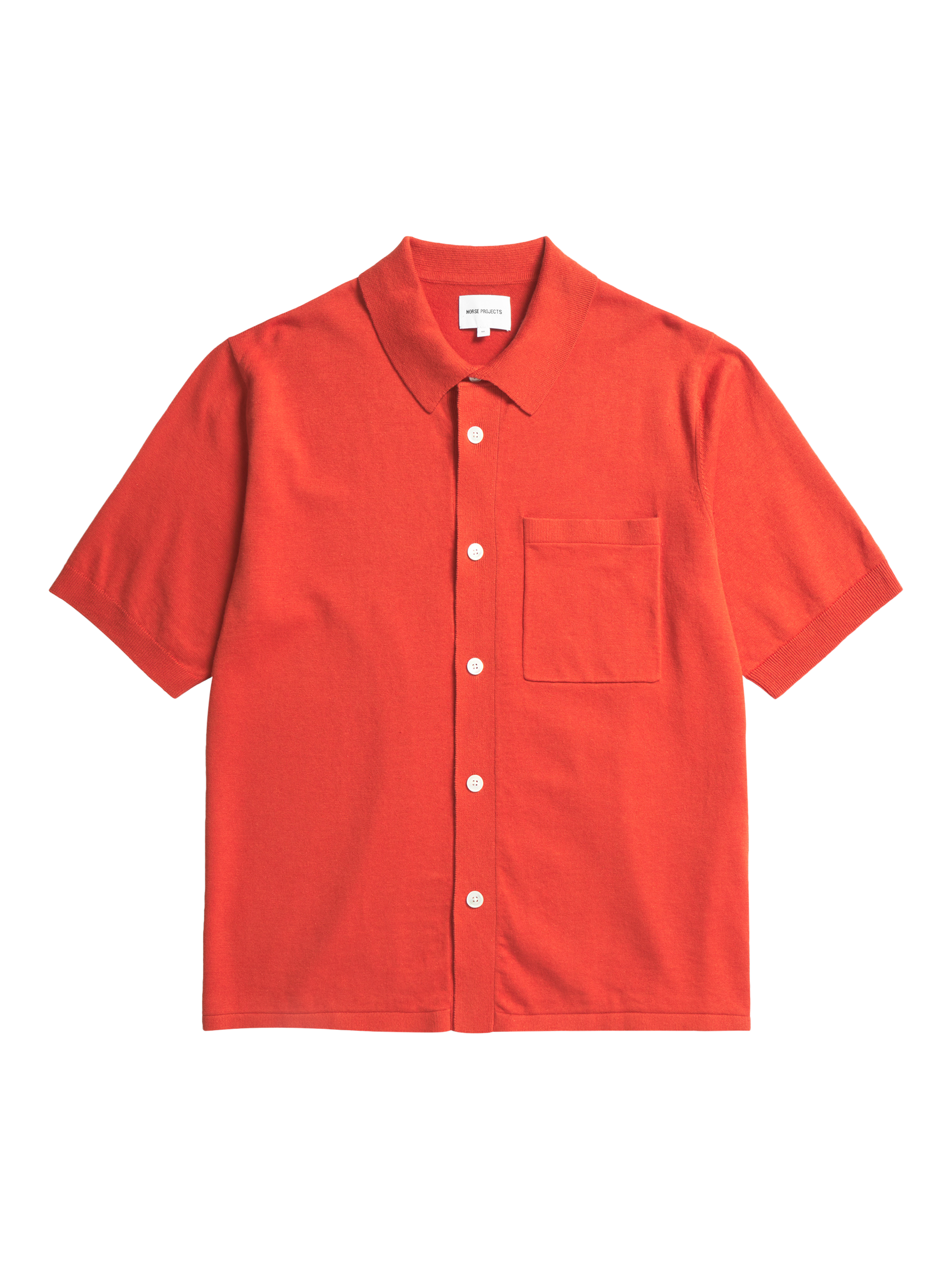 Product image 1 of 3, which shows Norse Projects Rollo Cotton Blend Short Sleeve Collar Shirt, Blood Orange, M