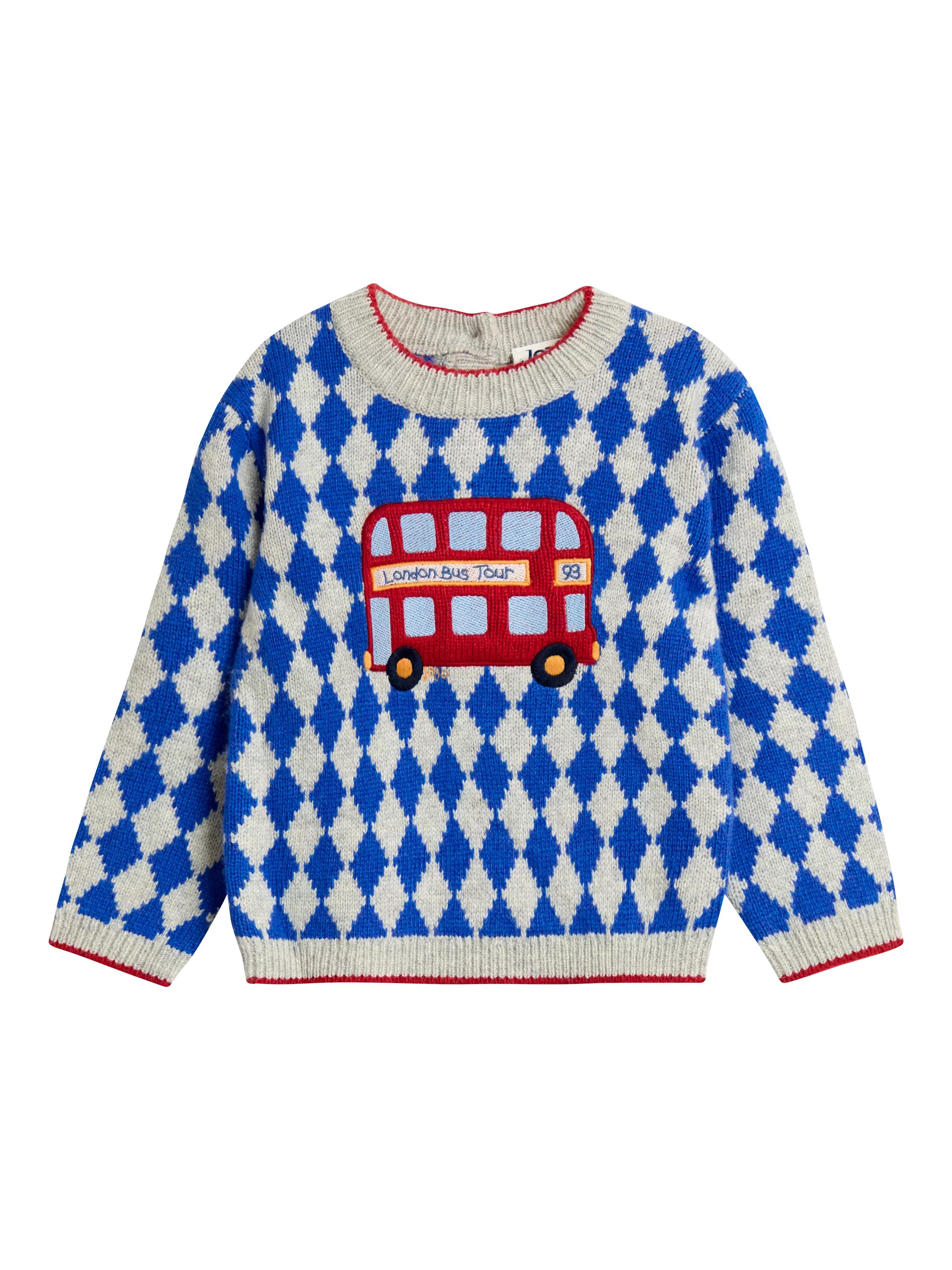 JoJo Maman Bébé Kids' Wool Blend Applique Bus Jumper, Blue