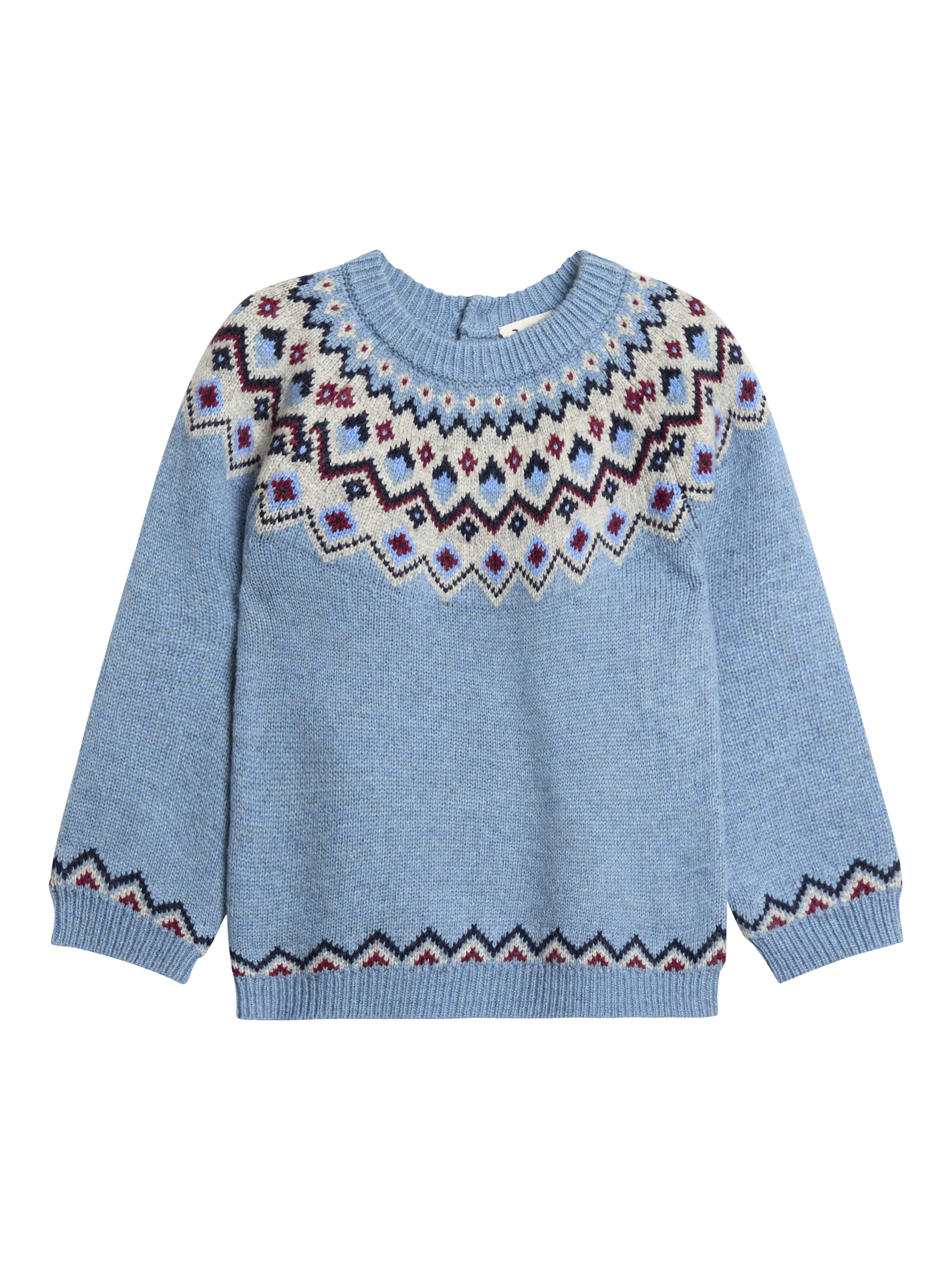 Product image 1 of 3, which shows JoJo Maman Bébé Kids' Wool Blend Fair Isle Jumper, Denim, 6-12 months