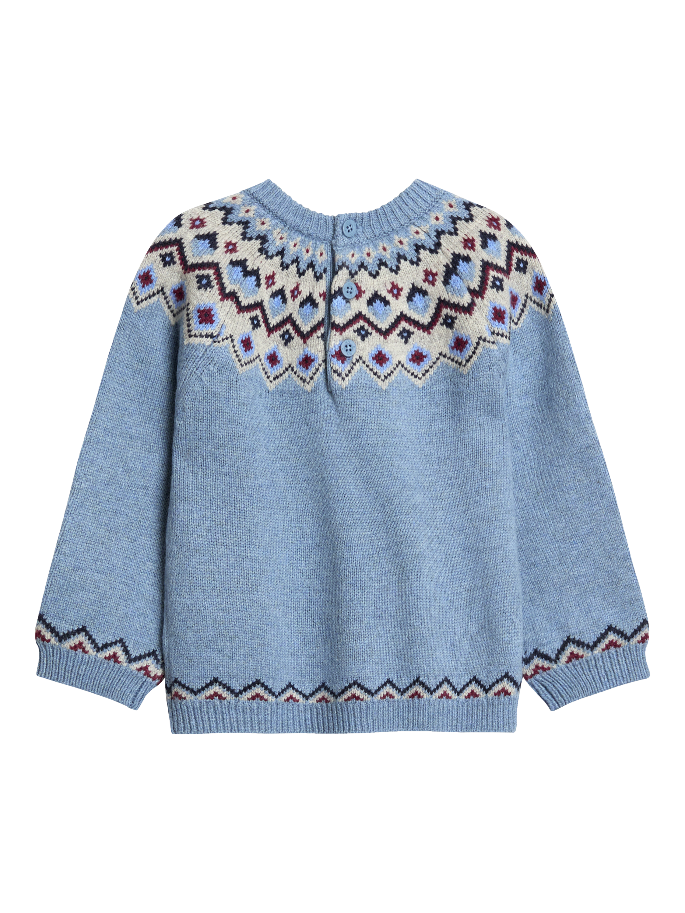 Product image 2 of 3, which shows JoJo Maman Bébé Kids' Wool Blend Fair Isle Jumper, Denim, 6-12 months