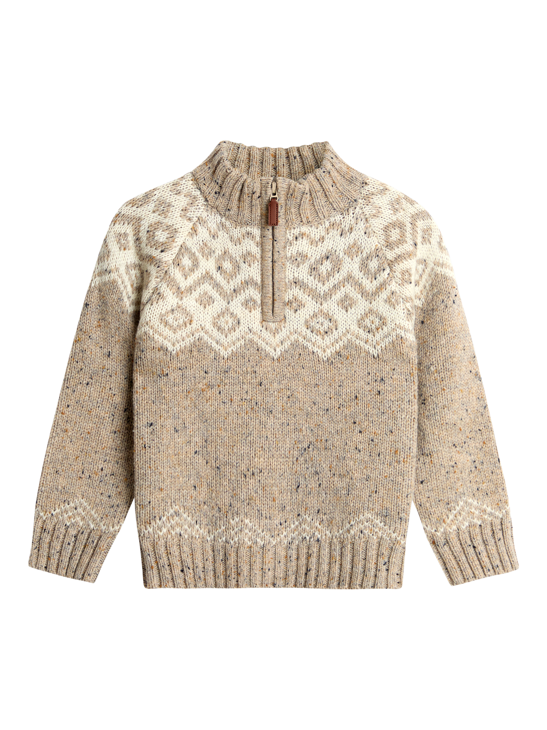 JoJo Maman Bébé Kids' Wool Blend Fairisle Half Zip Jumper, Natural