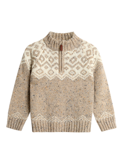 JoJo Maman Bébé Kids' Wool Blend Fairisle Half Zip Jumper, Natural, Natural