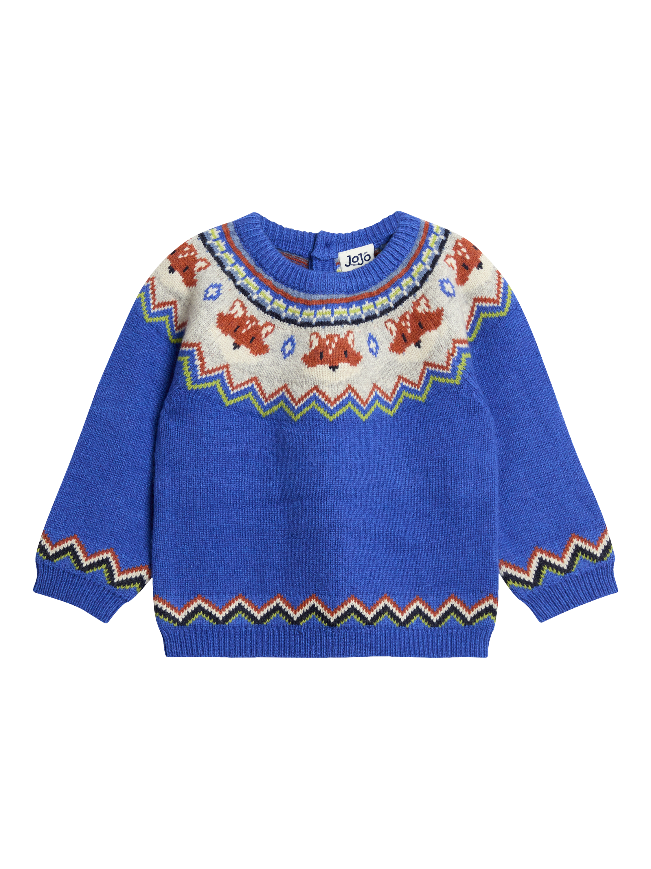 JoJo Maman Bébé Kids' Wool Blend Fox Fair Isle Jumper, Cobalt