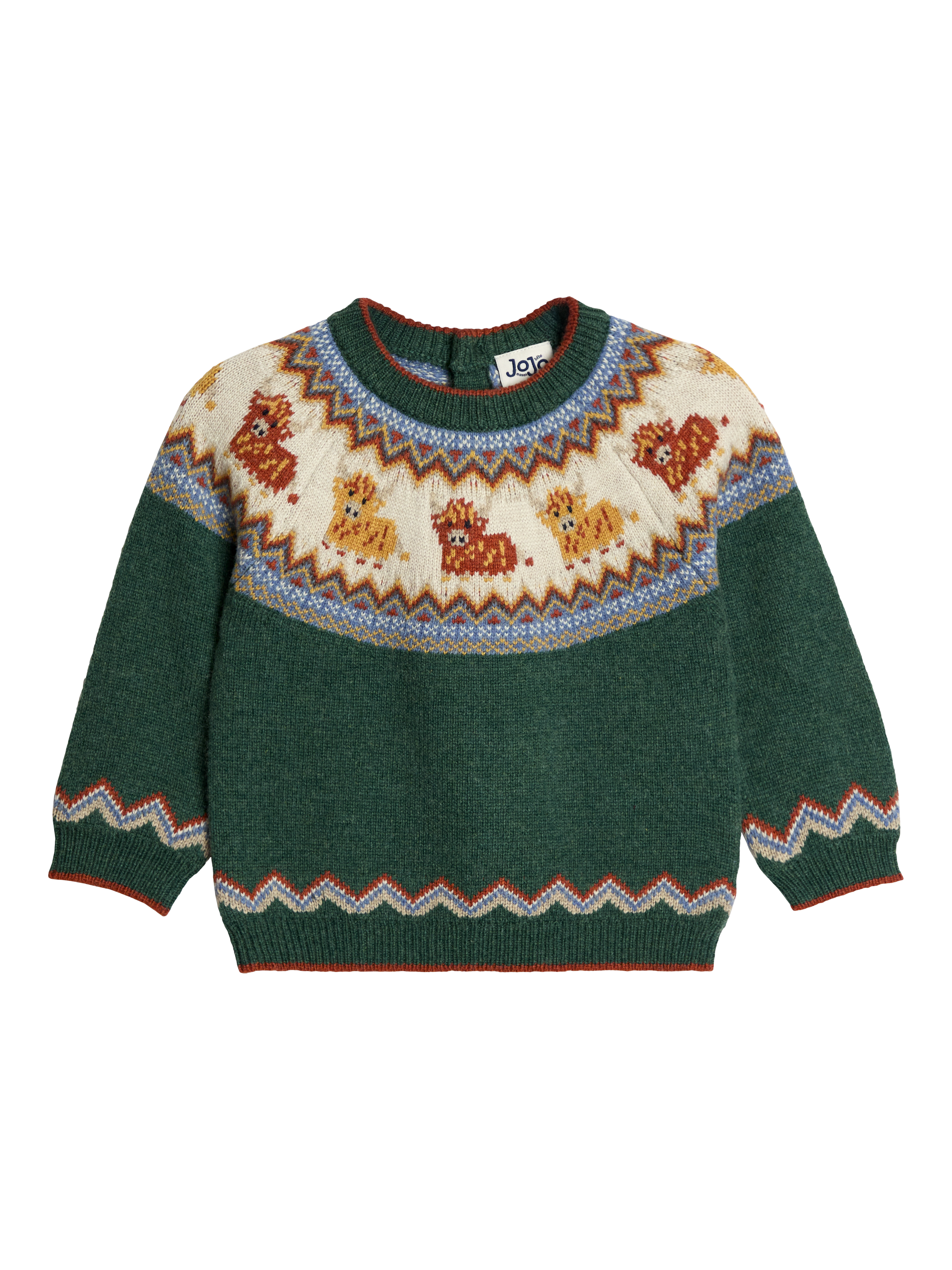 JoJo Maman Bébé Kids' Wool Blend Highland Cow Jumper, Green