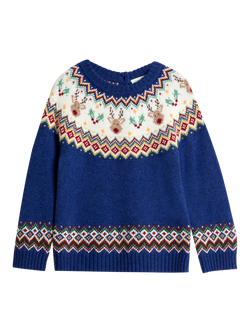 JoJo Maman Bébé Kids' Reindeer Fair Isle Jumper, Navy, Navy