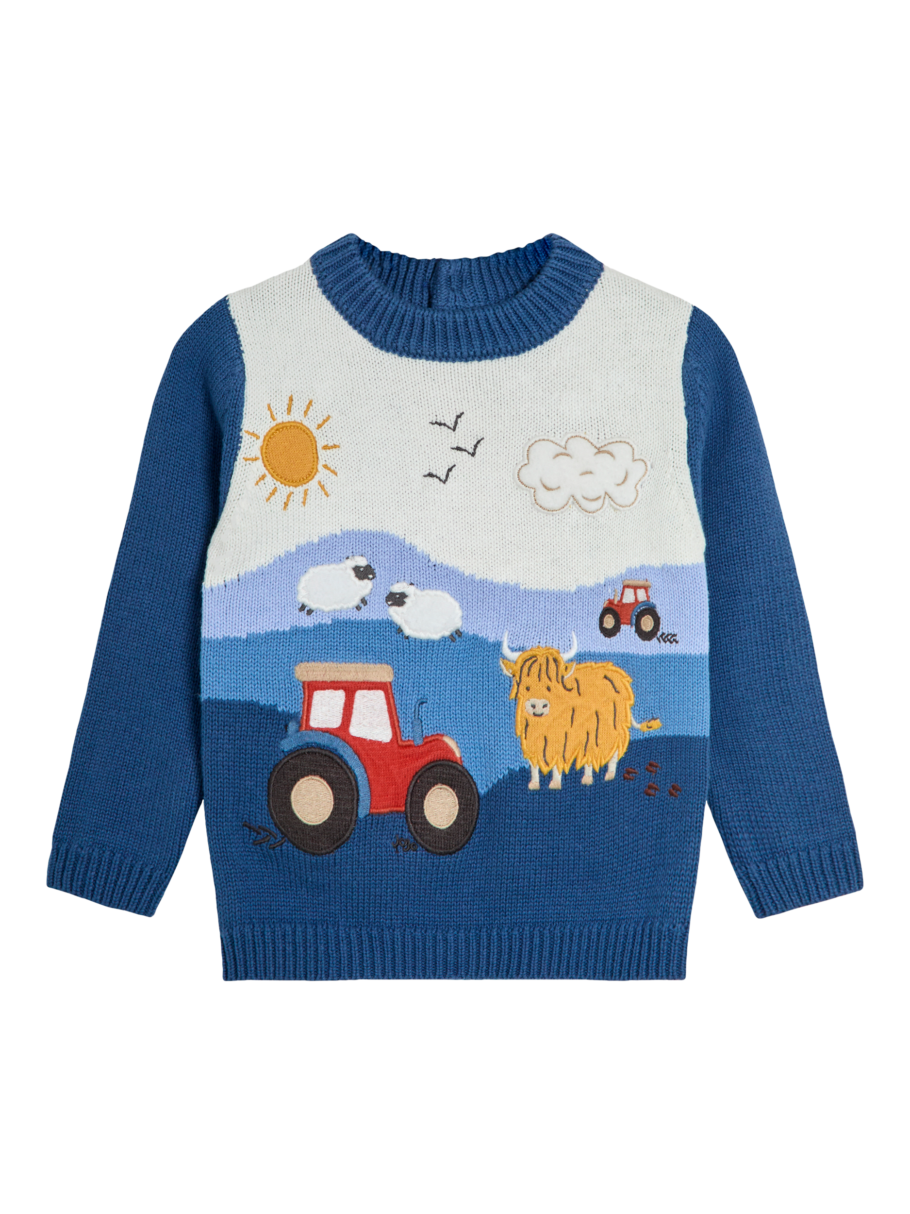 Product image 1 of 3, which shows JoJo Maman Bébé Kids' Wool Blend Tractor Jumper, Indigo, 0-1 months