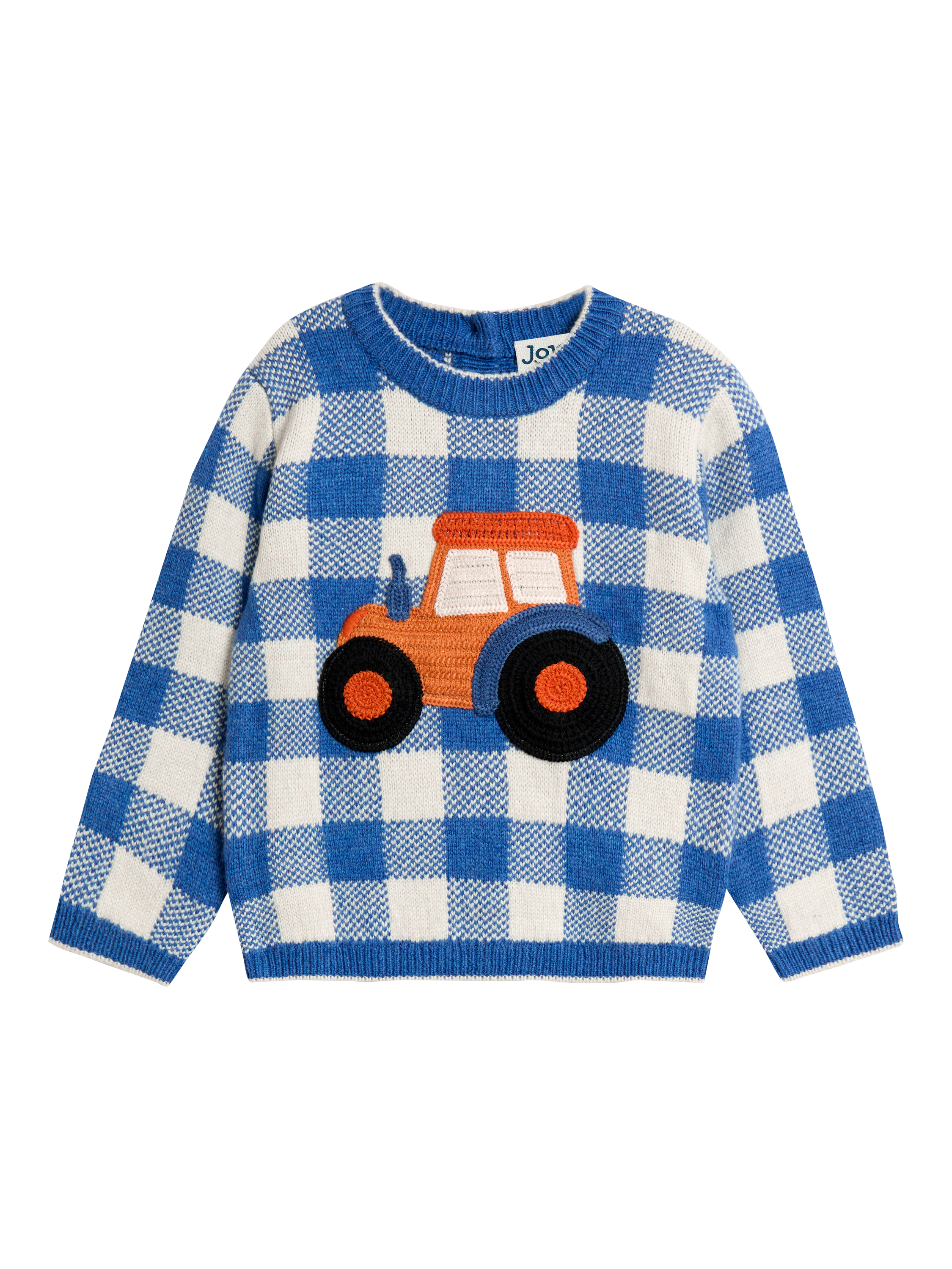 Product image 1 of 3, which shows JoJo Maman Bébé Kids' Wool Blend Tractor Jumper, Blue/Multi, 18-24 months