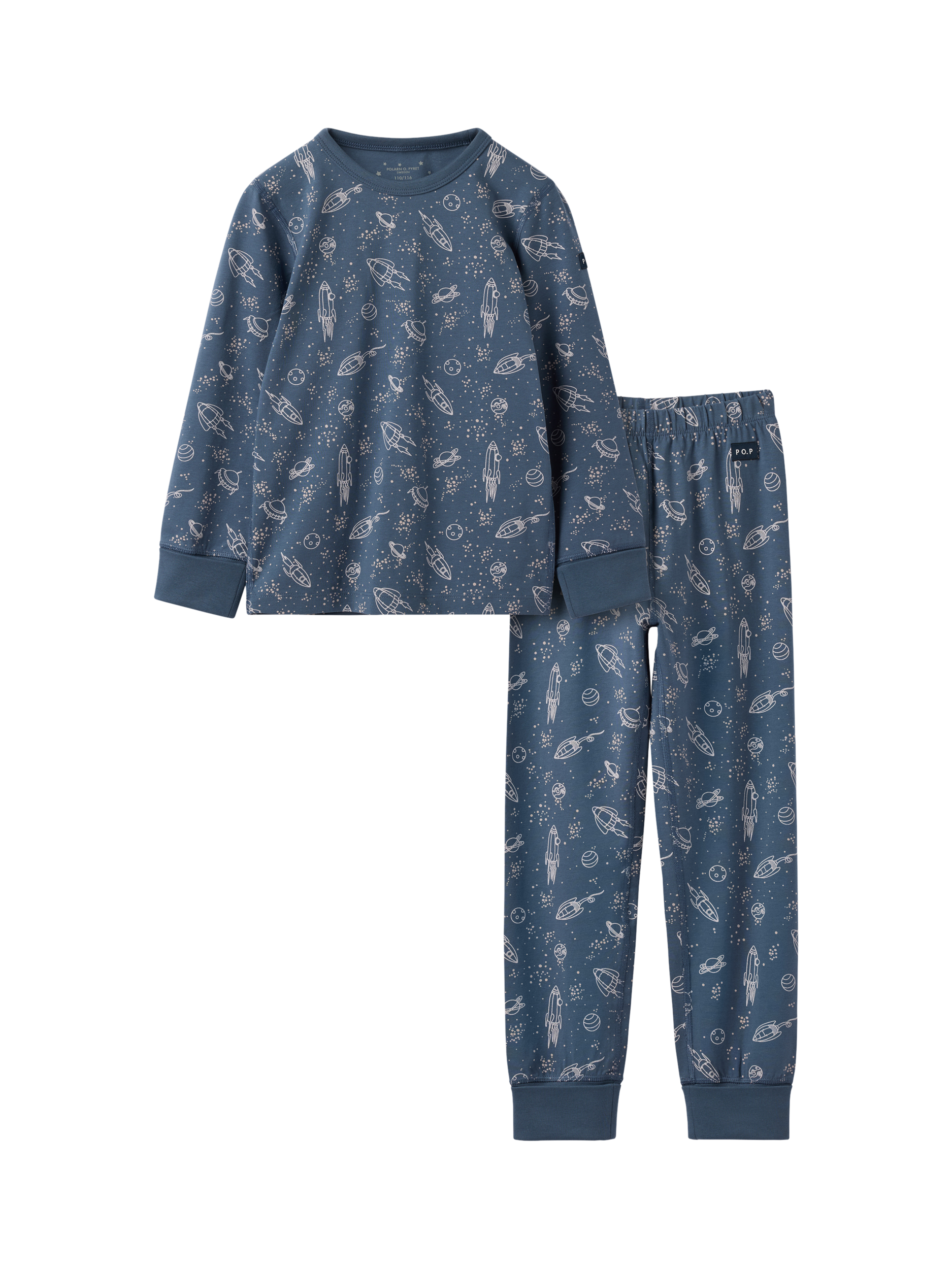 Product image 1 of 6, which shows Polarn O. Pyret Baby Organic Cotton Star Pyjamas, Vintage Indigo, 4-6 years