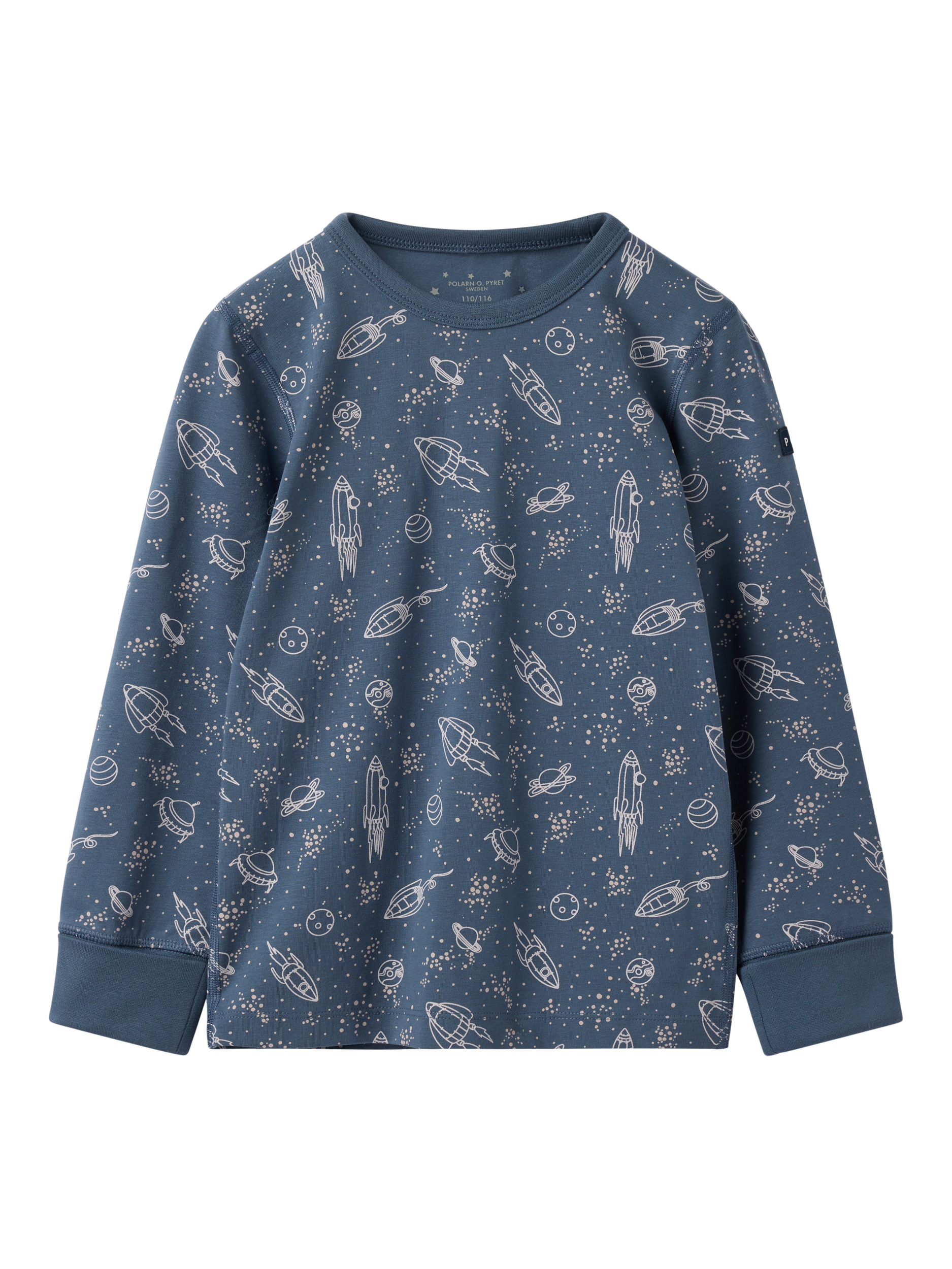 Product image 2 of 6, which shows Polarn O. Pyret Baby Organic Cotton Star Pyjamas, Vintage Indigo, 4-6 years