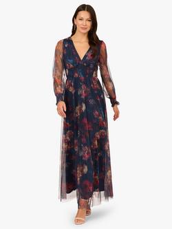 Adrianna Papell Floral Mesh Maxi Dress, Navy/Multi, Navy/Multi