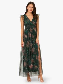 Adrianna Papell Floral Mesh Maxi Dress, Hunter/Multi, Hunter/Multi