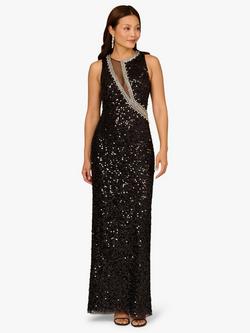 Aidan Mattox by Adrianna Papell Sequin Illusion Neckline Maxi Dress, Black, Black