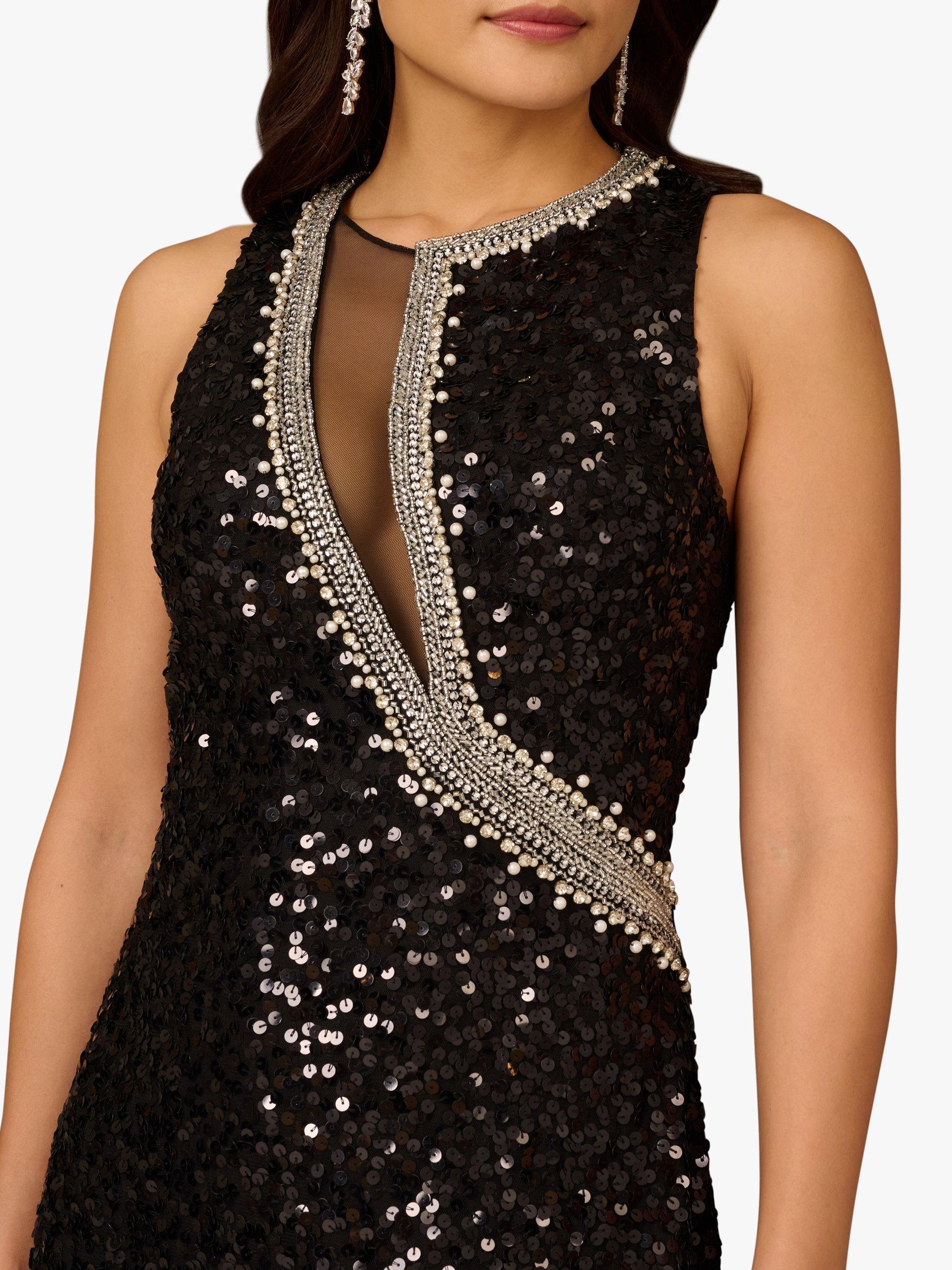 Aidan Mattox by Adrianna Papell Sequin Illusion Neckline Maxi Dress, Black
