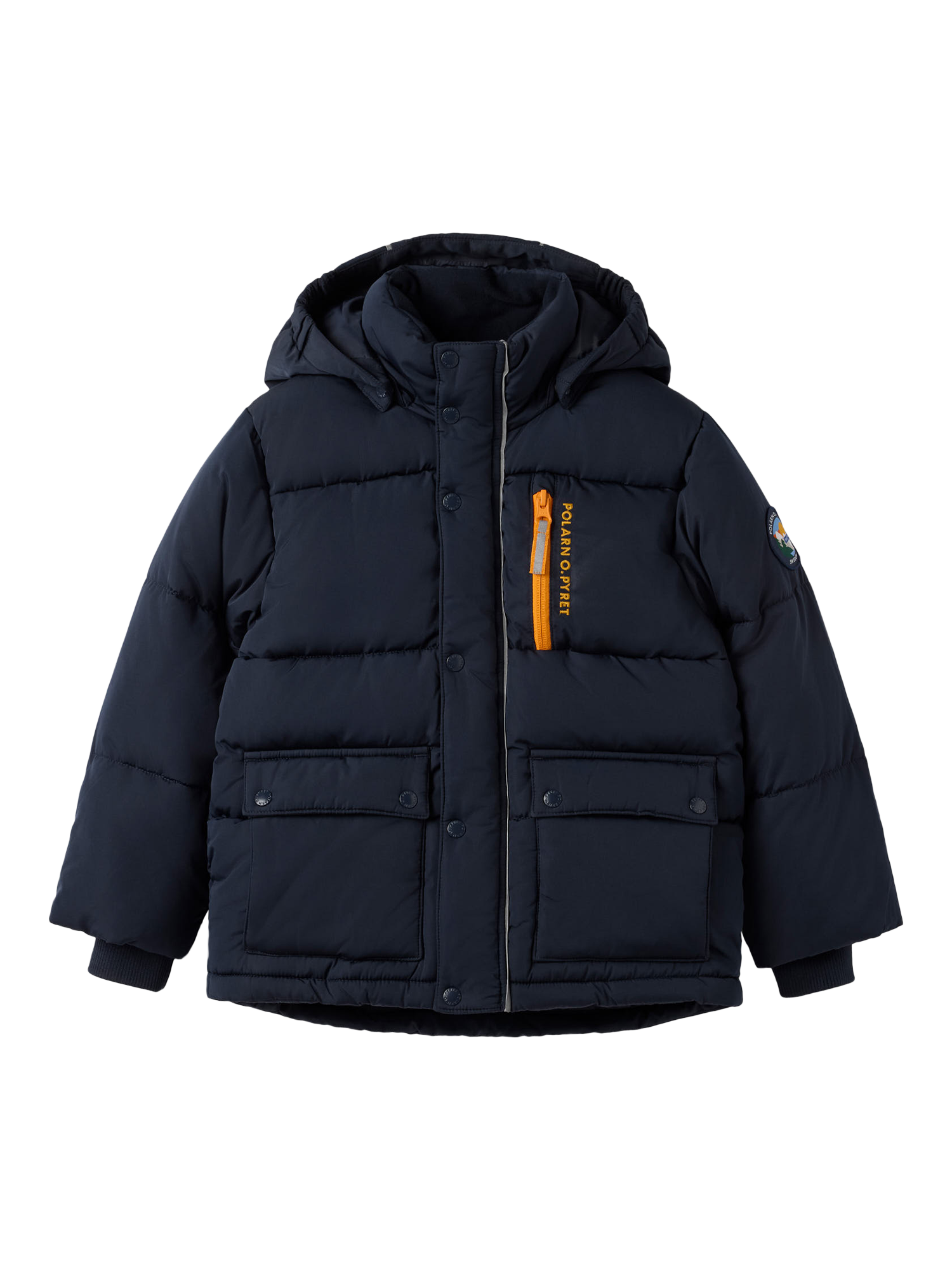 Product image 1 of 7, which shows Polarn O. Pyret Kids' Puffer Ski Jacket, Dark Sapphire, 3-4 years