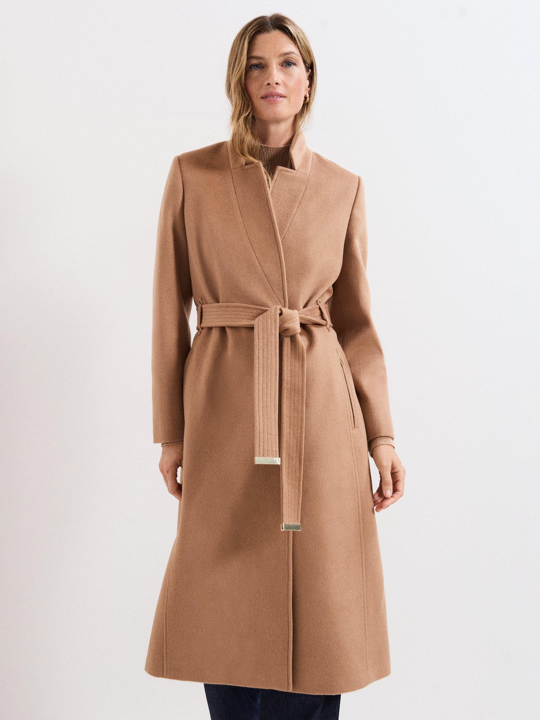 Product image 1 of 10, which shows Phase Eight Charlotte Belted Wool Rich Coat, Camel, 6