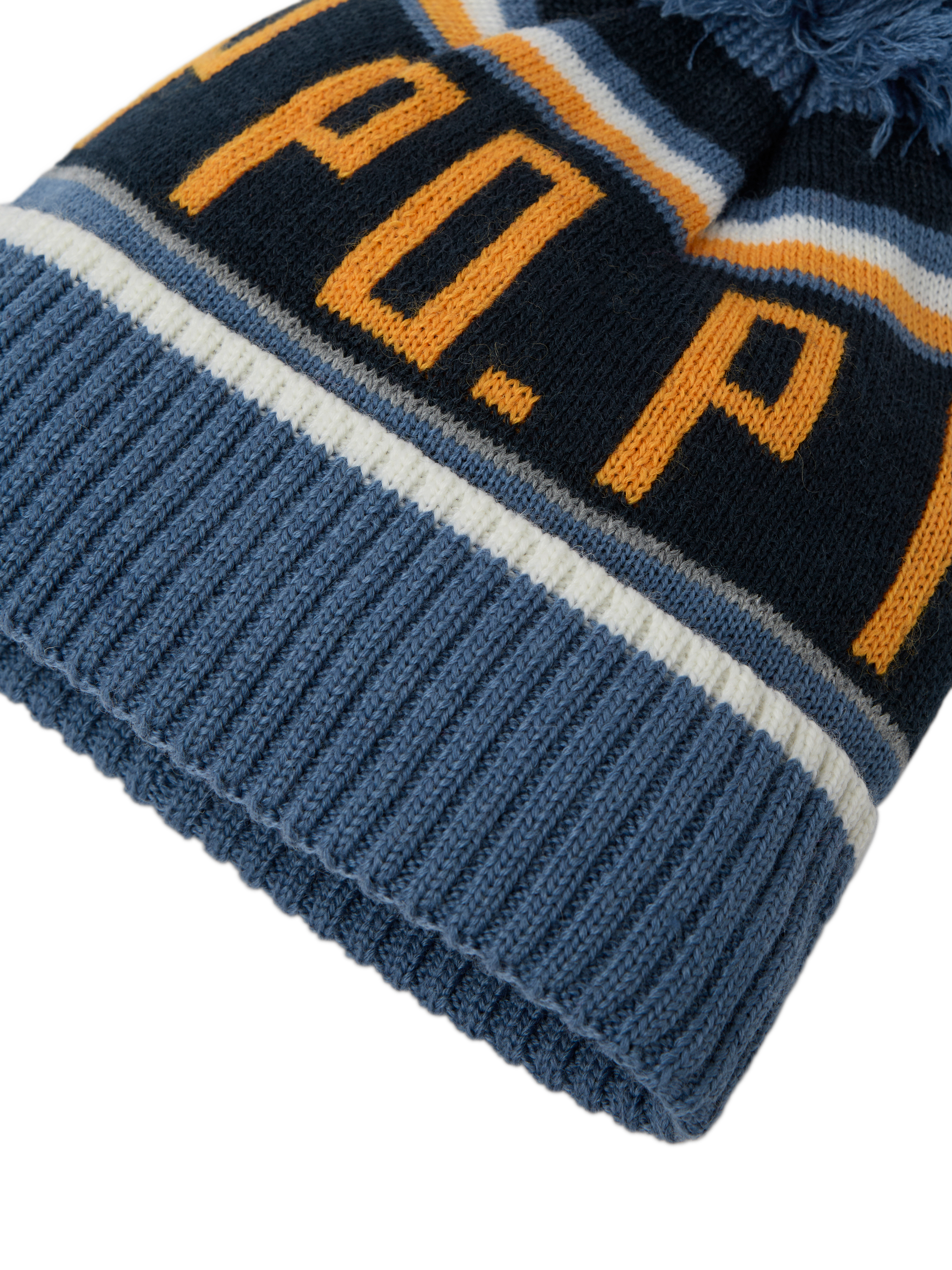 Product image 2 of 3, which shows Polarn O. Pyret Kids' Wool Blend Bobble Hat, Bijou Blue, 9 months-2 years