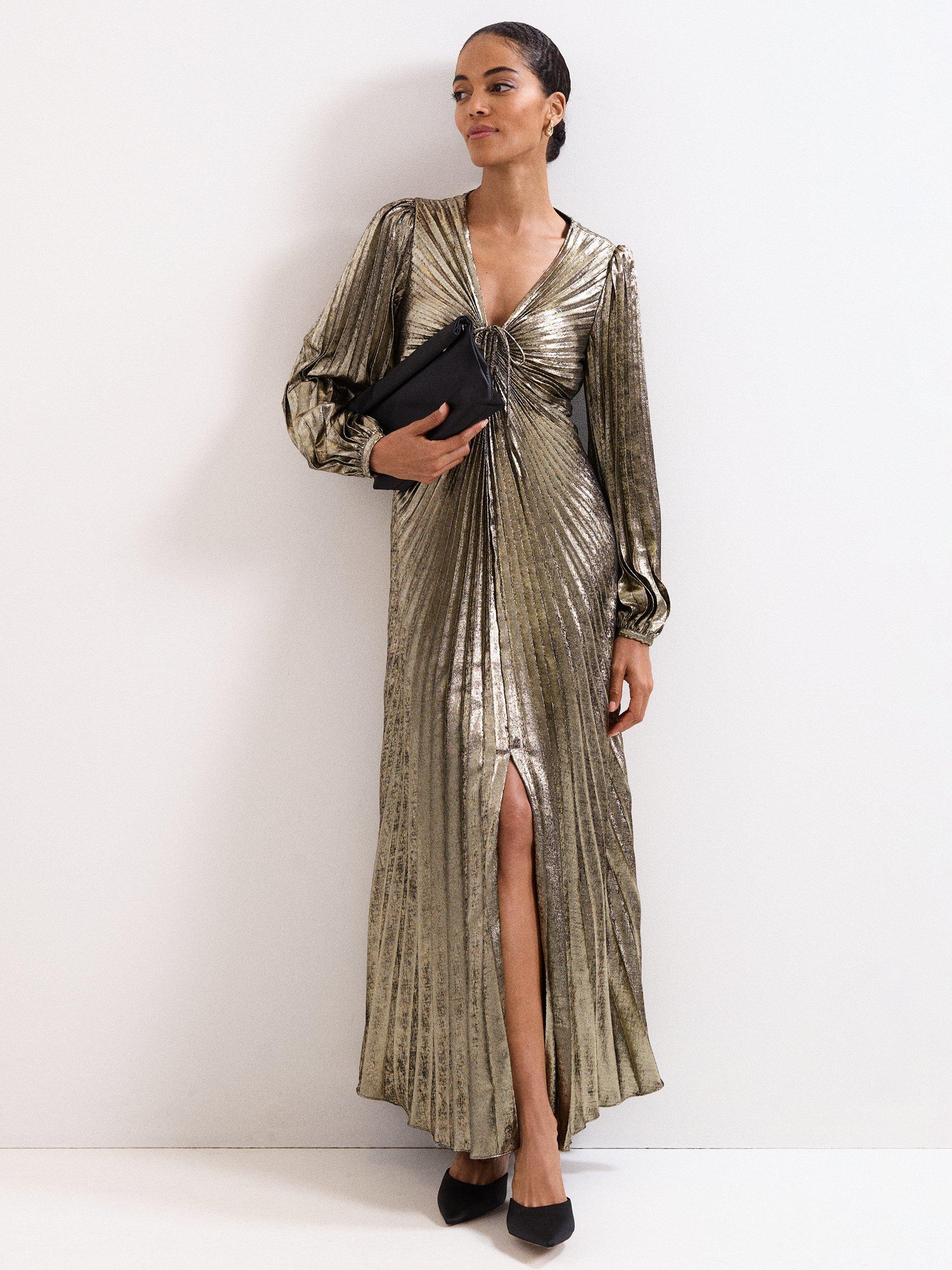 Product image 1 of 9, which shows Phase Eight Ellen Pleated Maxi Dress, Gold, 6