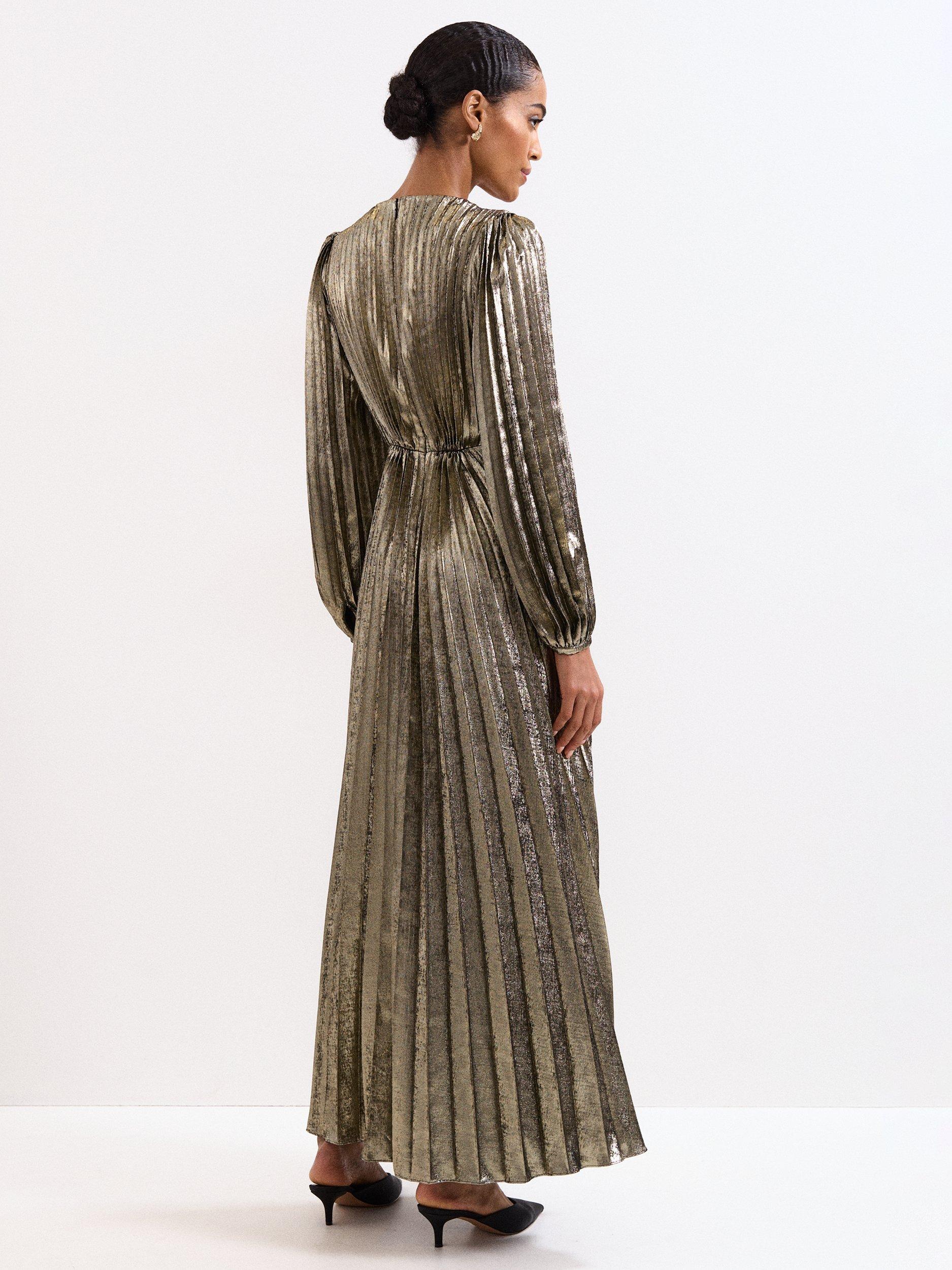 Product image 2 of 9, which shows Phase Eight Ellen Pleated Maxi Dress, Gold, 6