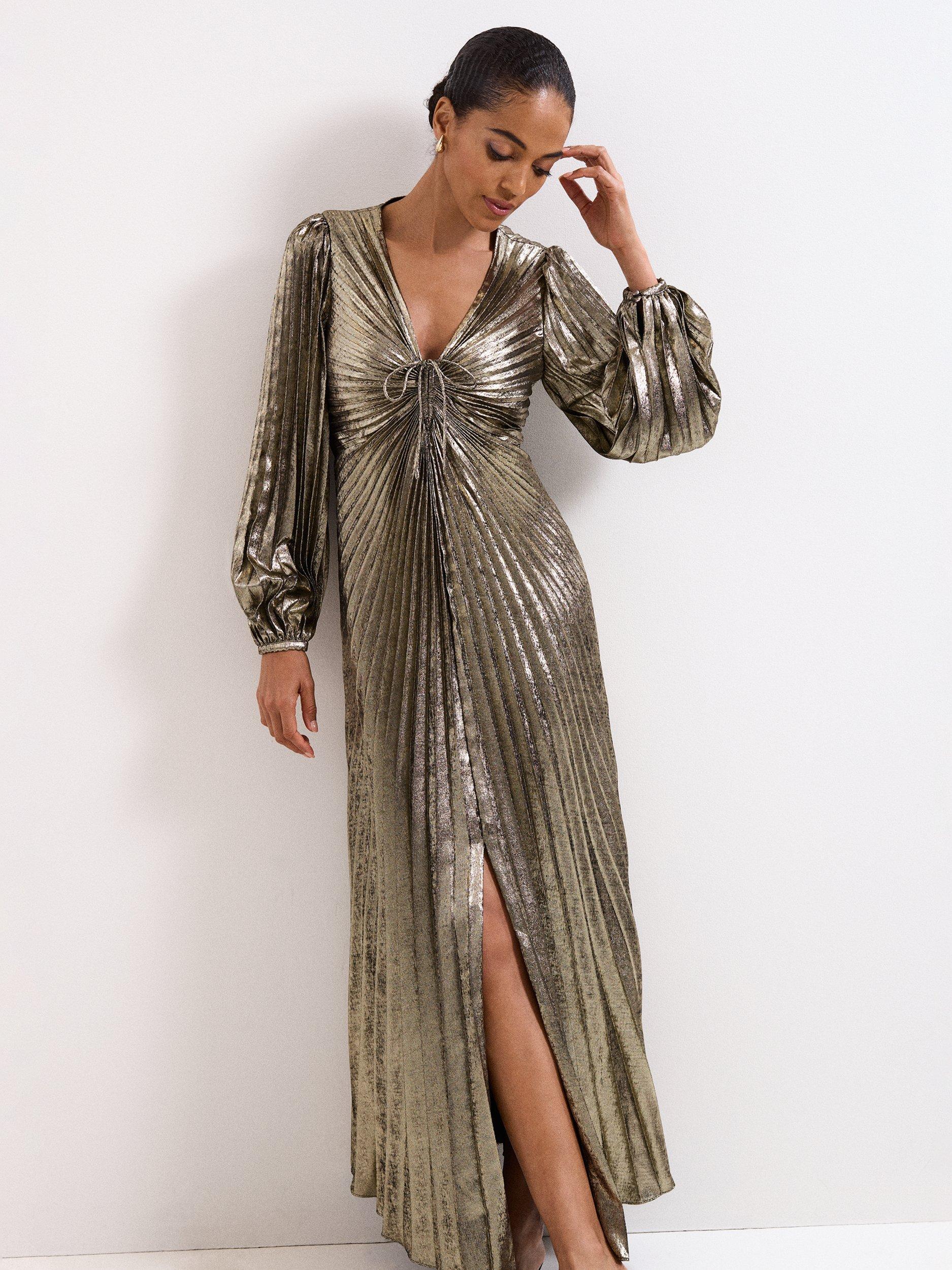 Product image 3 of 9, which shows Phase Eight Ellen Pleated Maxi Dress, Gold, 6