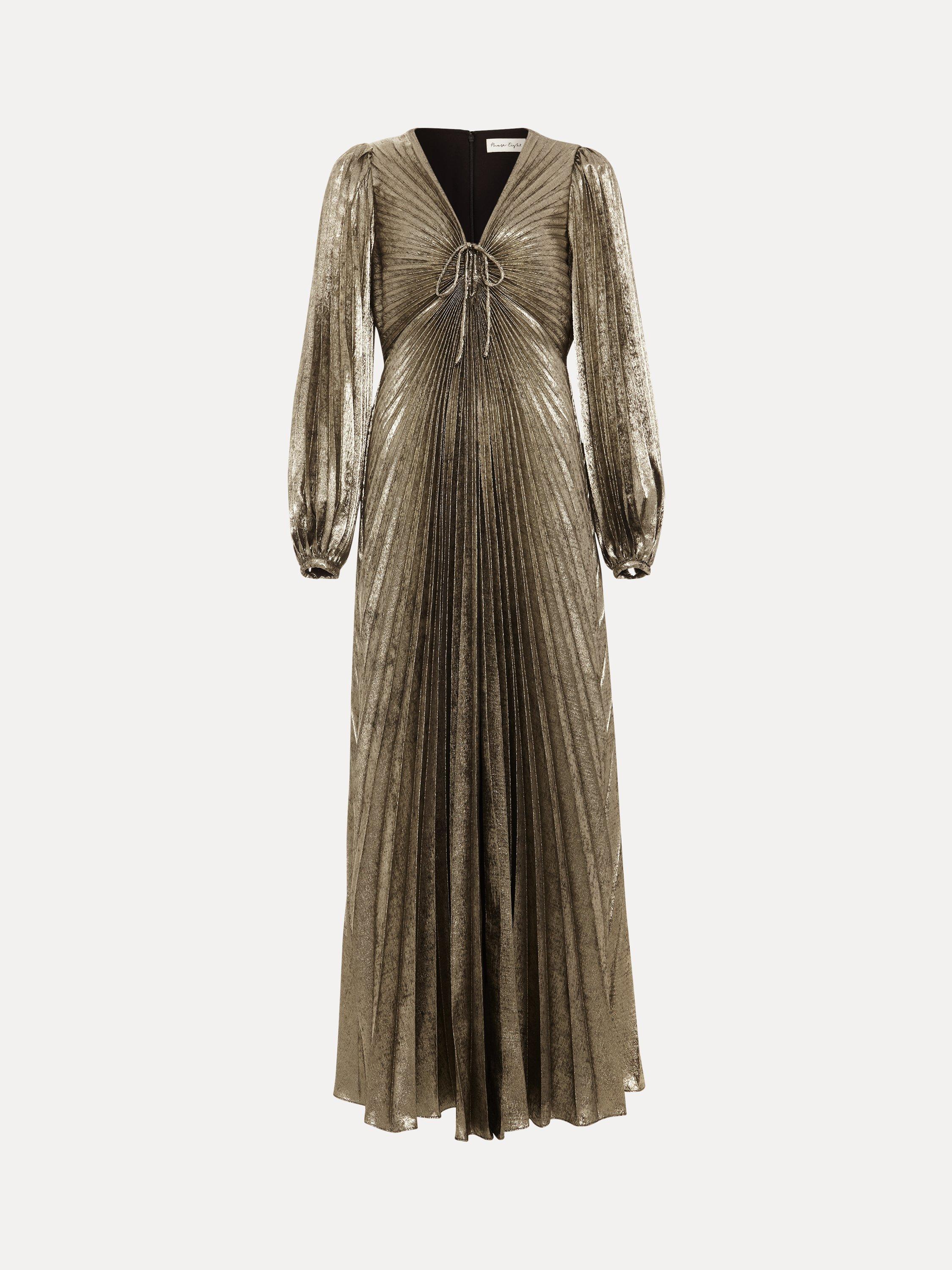 Product image 5 of 9, which shows Phase Eight Ellen Pleated Maxi Dress, Gold, 6