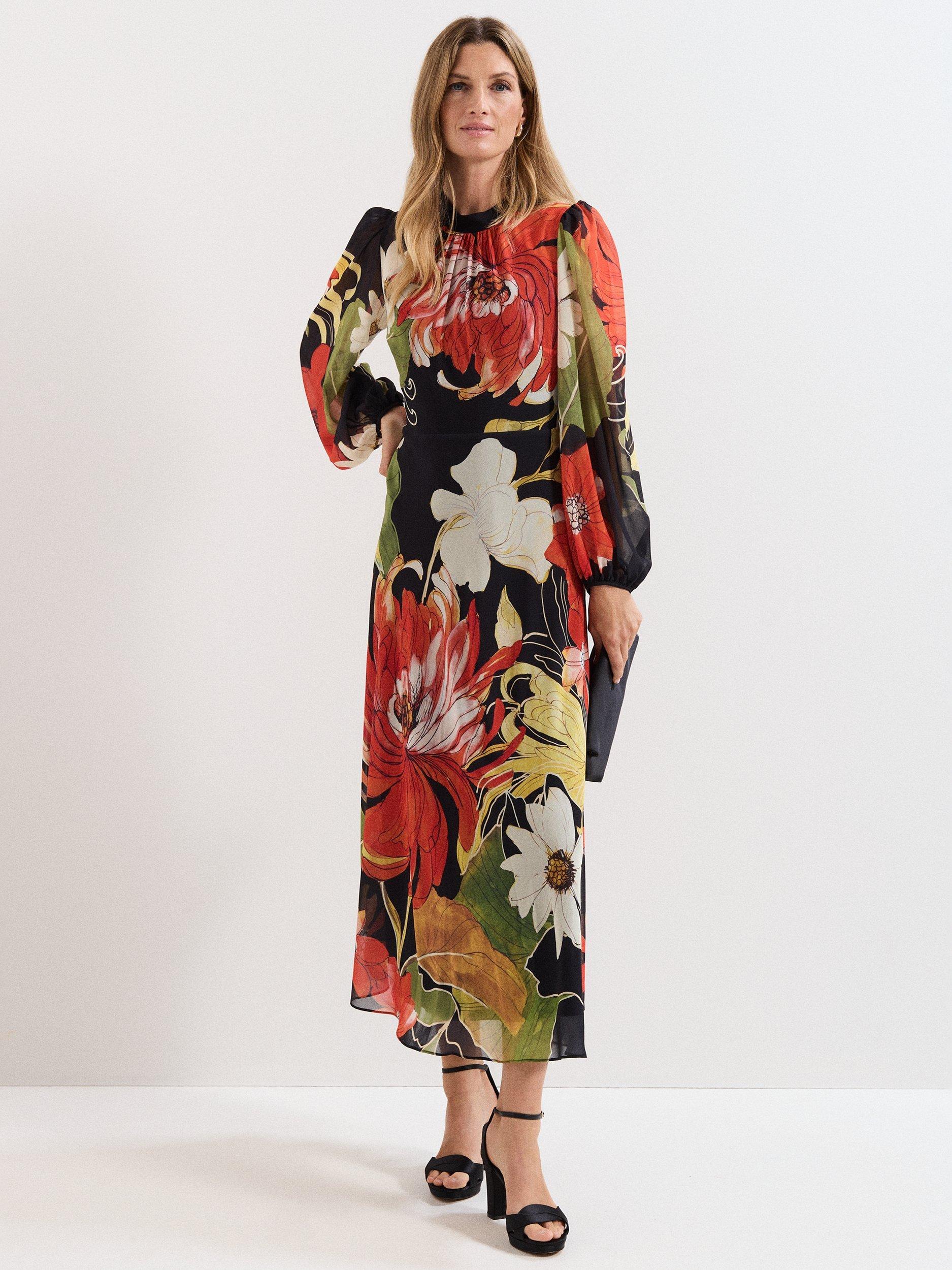 Product image 1 of 9, which shows Phase Eight Eve Floral Long Sleeve Dress, Multi, 6