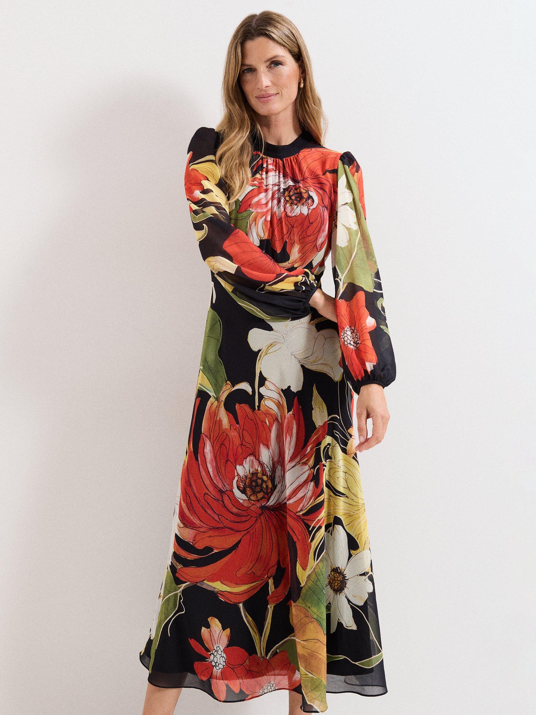 Product image 3 of 9, which shows Phase Eight Eve Floral Long Sleeve Dress, Multi, 6