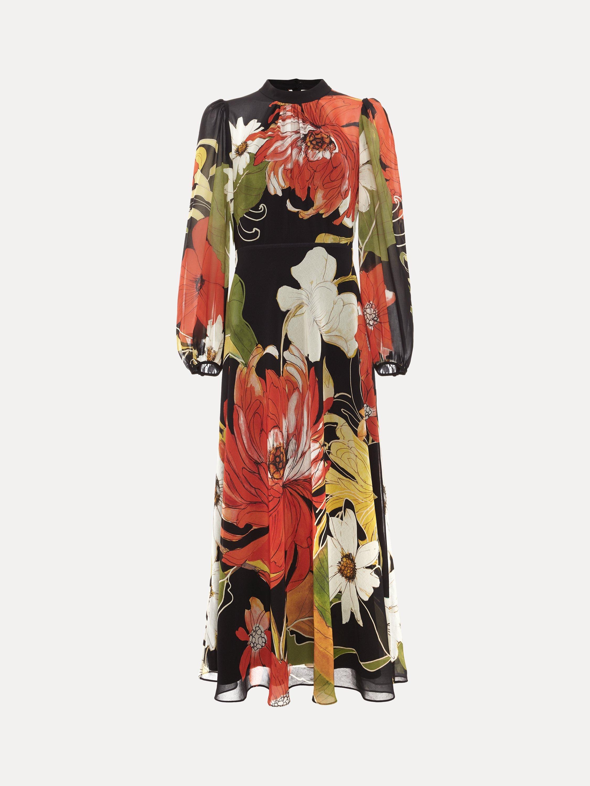 Product image 5 of 9, which shows Phase Eight Eve Floral Long Sleeve Dress, Multi, 6